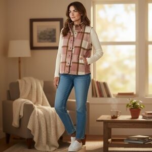 NWT Womens Canyon Guide Outfitters Wool Blend Plaid Puffer Vest Pink‎ Tan Large